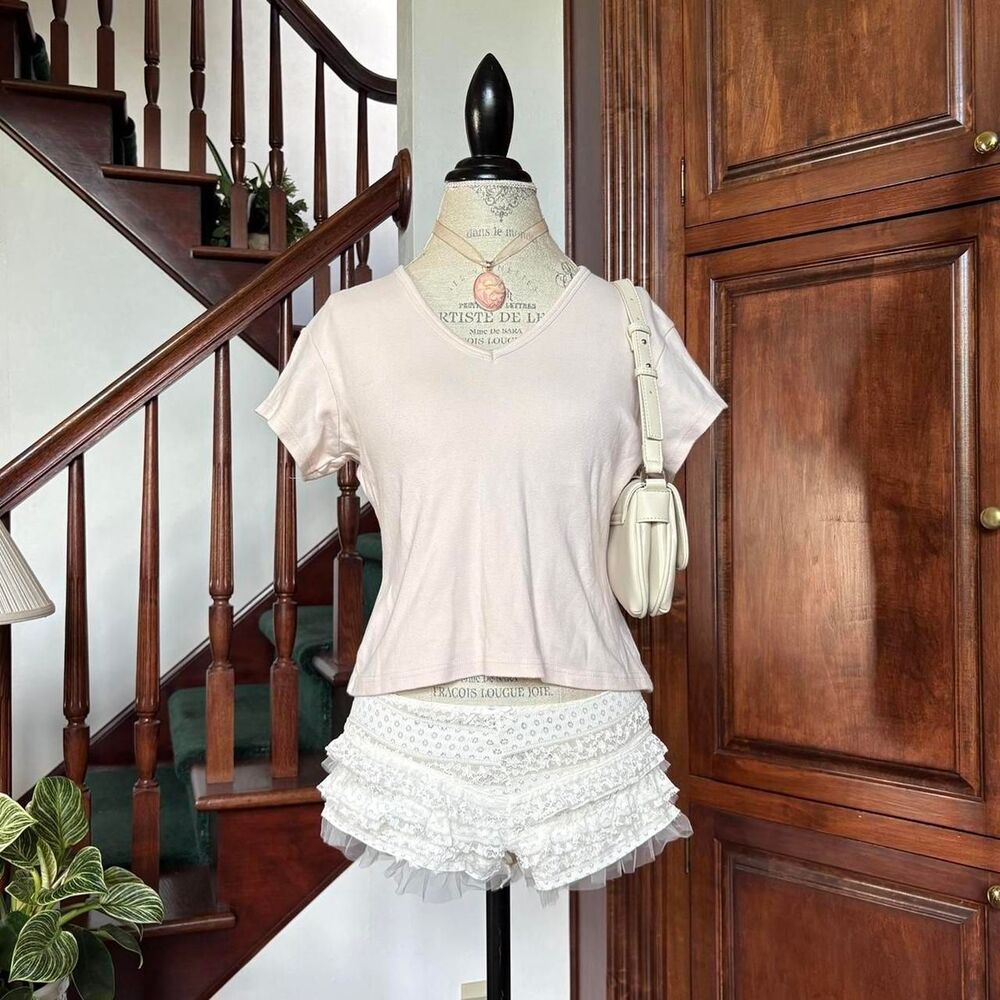 Express Tricot Vintage Blush Pink Cream Cotton Short Sleeve Tee
